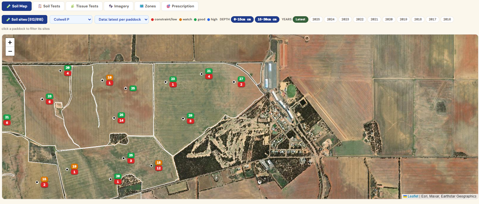 Soil map: sample sites coloured by Colwell P with depth and year filters