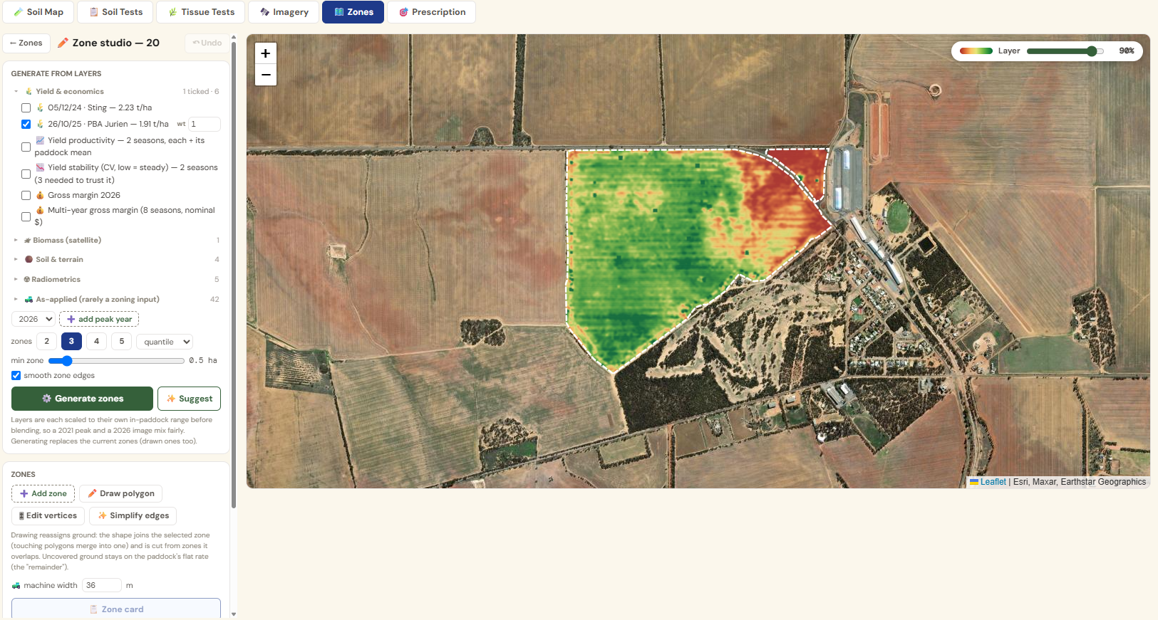 PaddIQ zone studio: a yield map over a paddock with zone generation controls